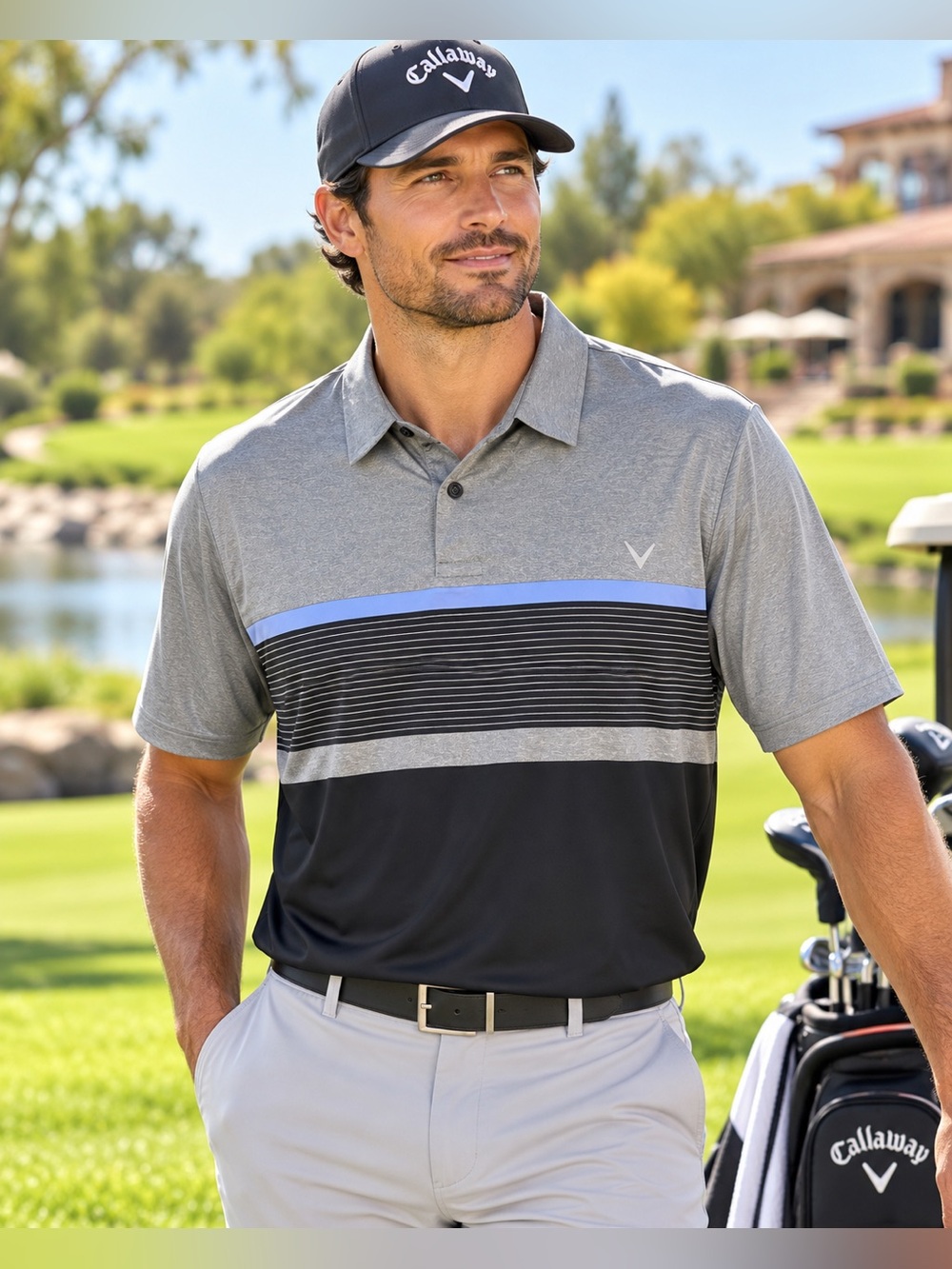 NWT Callaway Grey, Black and Blue Striped Golf Polo XXL
